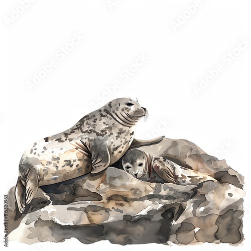 A mother seal and her pup rest on a rock in the sun
