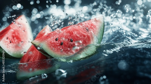 3D realistic illustration of watermelon slices thrown under water on a dark background  side view with water splashes and bubbles