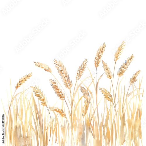 A watercolor painting of a field of wheat. The wheat is ripe and ready to be harvested. The painting is done in a realistic style and the colors are vibrant and lifelike.