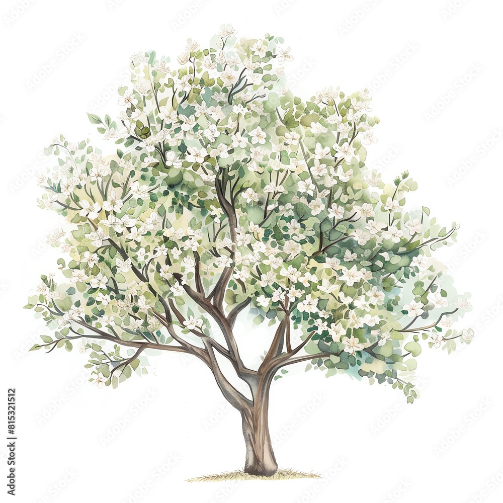 A watercolor painting of an apple tree in full bloom A watercolor painting of an apple tree in full bloom