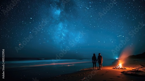 A couple stands on a beach at night  gazing at a brilliant Milky Way above while a campfire glows warmly nearby  capturing a moment of awe and intimacy