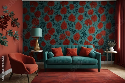 Chair and turquoise sofa in red living room interior with leaves wallpaper and table. Real photo Generative AI