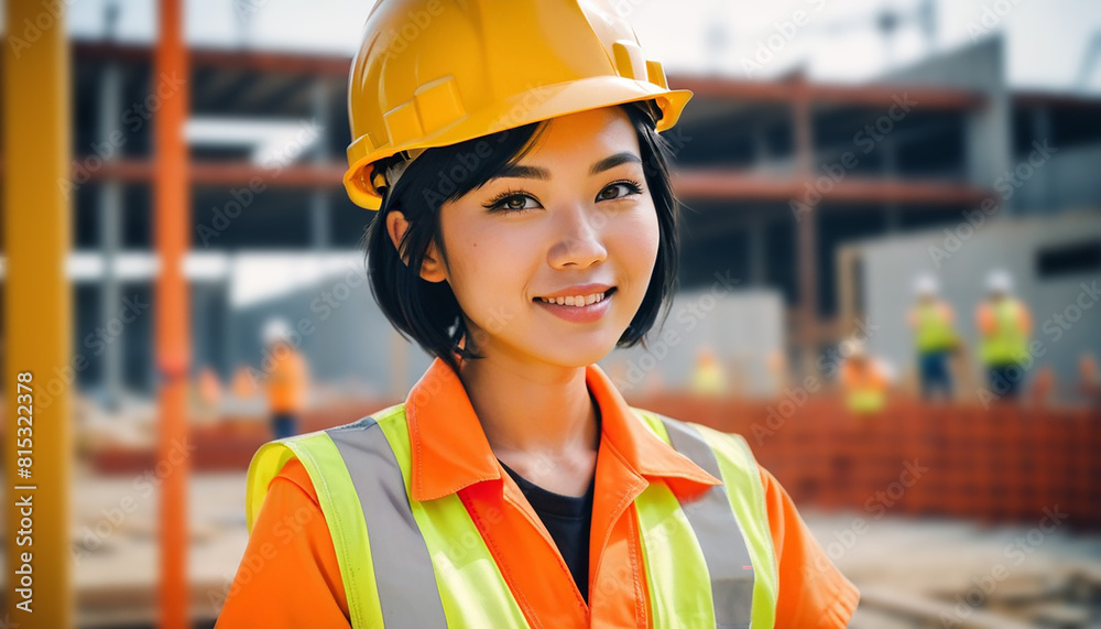 Female engineer, manager, woman working on a construction site wearing hard hat and work vest Female engineer, manager, woman working on a construction site wearing hard hat and work vest