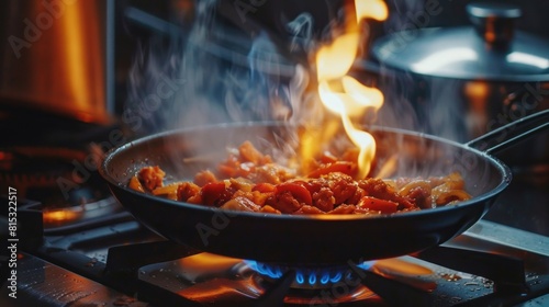 Sizzling Food in a Frying Pan, Cooking Delicious Meal in a Skillet, Chef's Frying Pan with Tasty Dish, Culinary Art: Pan-Frying Perfection, Kitchen Cooking
