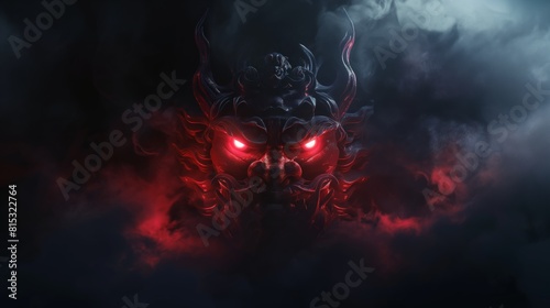 A Japanese Oni mask with glowing red eyes against a smoke background. Demonic mask with glowing red eyes in a dark smoky environment at night.