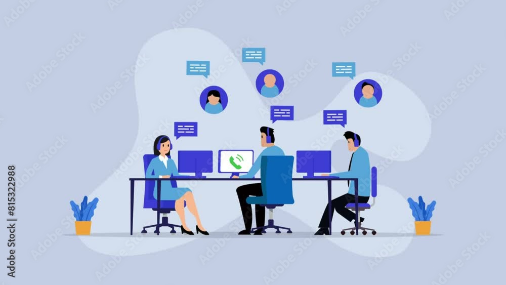 office operators with headsets characters. Customer service, hotline operators, technical global support, customer support department staff cartoon animation