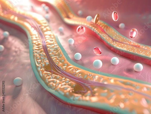 3D animation of anticholesterol drugs acting on an artery, clear and vivid colors, medium shot photo