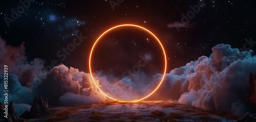 Dark night sky lit by a chestnut brown neon ring, enclosing a cloud in 3D. photo