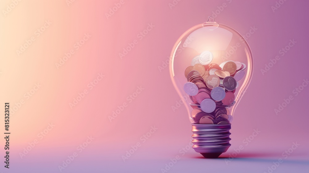 A clear light bulb filled with various coins against a soft purple background, symbolizing innovative financial ideas or investments A clear light bulb filled with various coins against a soft purple background, symbolizing innovative financial ideas or investments