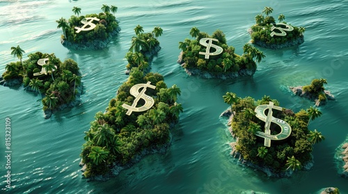 A conceptual illustration of several tropical islands shaped like dollar signs in a clear blue ocean, symbolizing offshore banking and tax havens