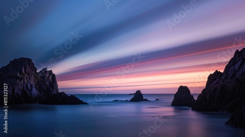 A serene  ethereal seascape at twilight  featuring silhouetted rock formations against a smoothly flowing ocean under a streaked  dusky sky.