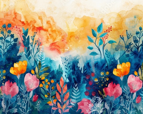 An abstract watercolor background featuring a cascade of colorful  floralinspired elements and natural textures