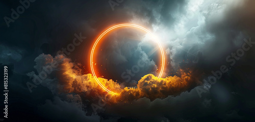 3D round frame showcasing a swirling cloud lit by a blazing gold neon ring. photo