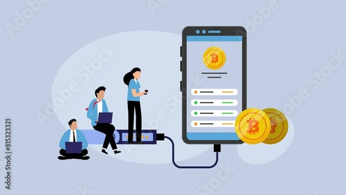 Young people with Digital Wallet technology for cryptocurrency cartoon animation photo