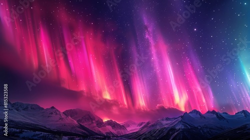 Ethereal Symphony  Aurora in Vibrant Red and Purple Hues over Mountains