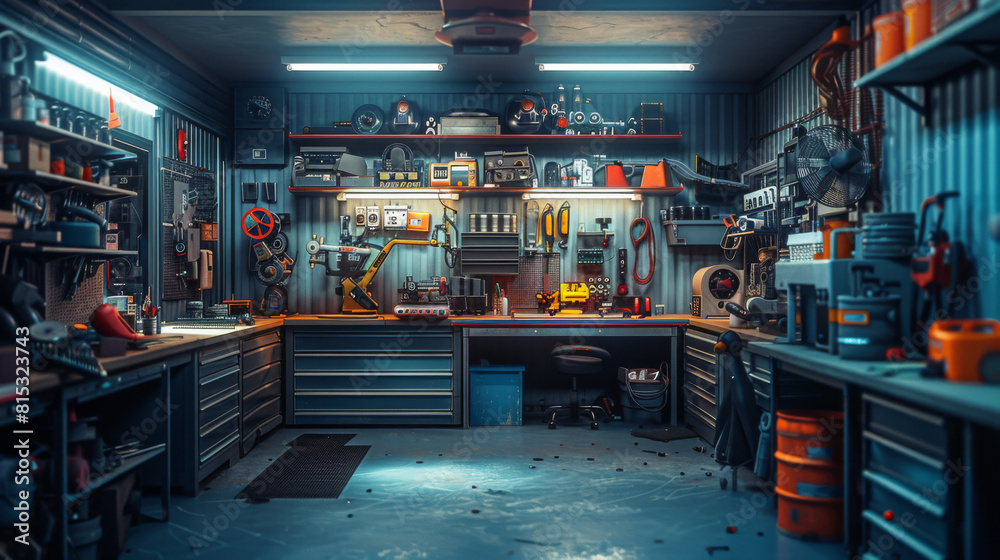 Detailed view of a well-equipped, organized mechanic's workshop with various tools.