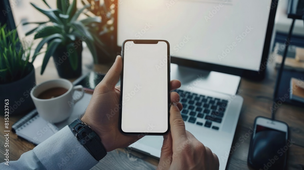 Top view of businessman with smartphone in hand working on the laptop in office with blank screen. Place of work. Close-up view Top view of businessman with smartphone in hand working on the laptop in office with blank screen. Place of work. Close-up view