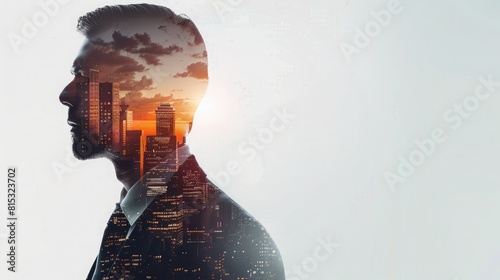 Visionary Double Exposure Image of a Businessman in a Suit with a Cityscape Merged into His Torso, Symbolizing Urban Business Influence and Corporate Power