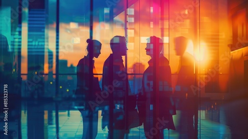 Silhouette of Business People in Office with Light Effects  Business teamwork  partnership with double exposure  professional corporate