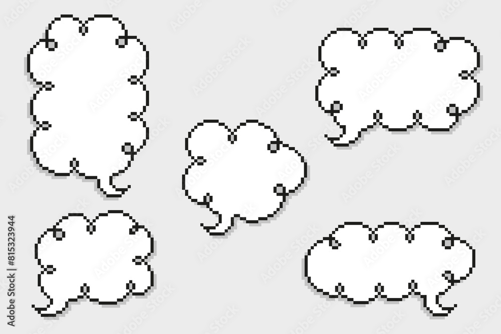 Pixel art cloud curly speech bubble. Collection set cartoon comic text box, on isolated background, vector illustration. Pixel art cloud curly speech bubble. Collection set cartoon comic text box, on isolated background, vector illustration.