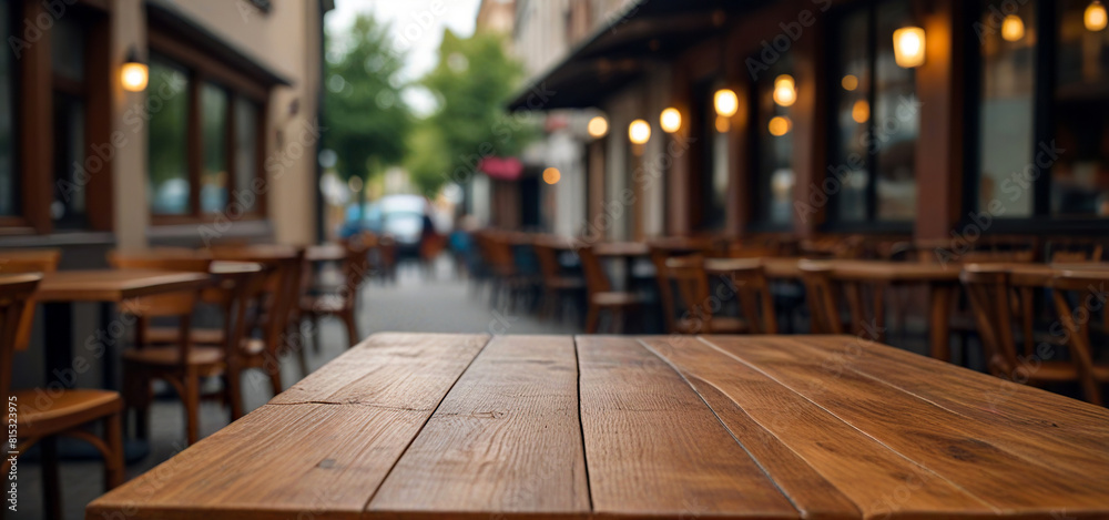 Empty wooden table in front of blurred cafe or restaurant, Food poster or menu display concept Empty wooden table in front of blurred cafe or restaurant, Food poster or menu display concept