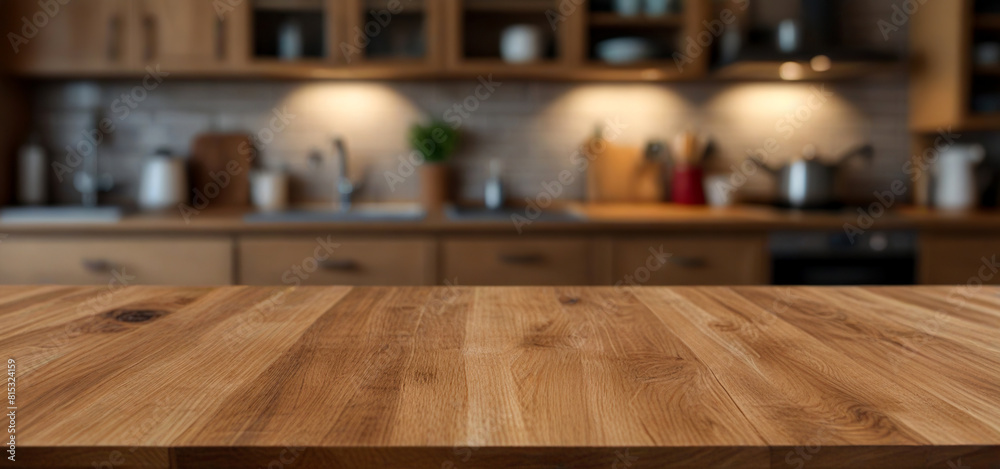 Woodden table top on blurred kitchen background, Empty kitchen table for display or menu design