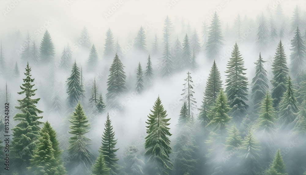 Obraz premium A dense forest shrouded in thick, white fog creating an ethereal backdrop. 