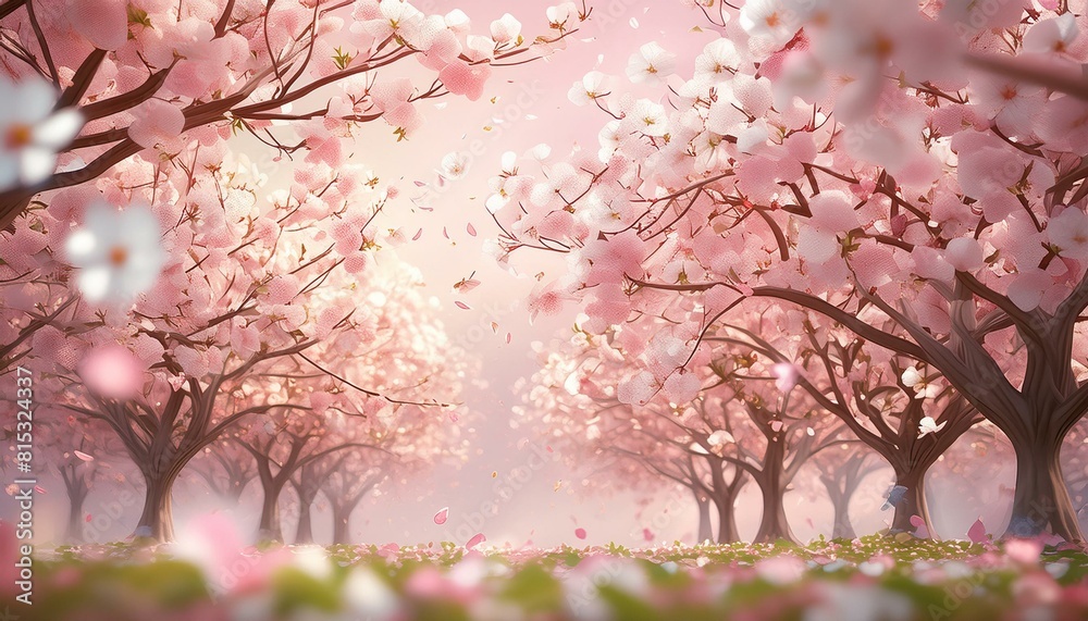 blossom in spring. A grove of cherry blossom trees in full bloom, with petals gently falling.