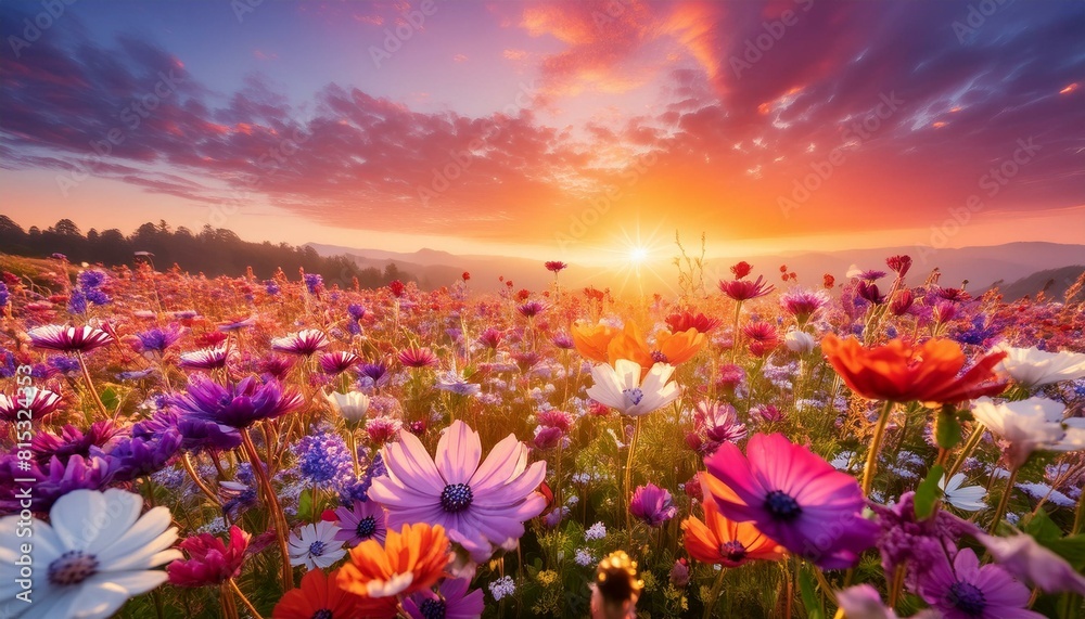 field of flowers. A lush meadow filled with wildflowers under a stunning sunrise. The sky above is a brilliant field of flowers. A lush meadow filled with wildflowers under a stunning sunrise. The sky above is a brilliant