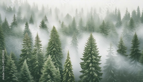 A dense forest shrouded in thick  white fog creating an ethereal backdrop. 