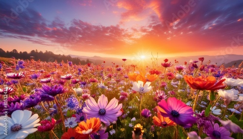 field of flowers. A lush meadow filled with wildflowers under a stunning sunrise. The sky above is a brilliant