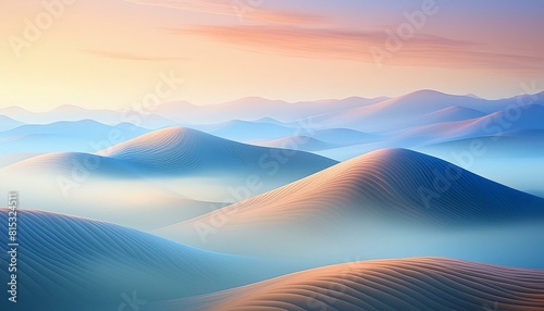 mountains in the fog.  Gentle hills seen through a soft mist at sunrise