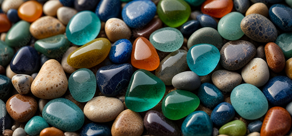 Colorful rocks and pebbles on a sandy beach Colorful rocks and pebbles on a sandy beach
