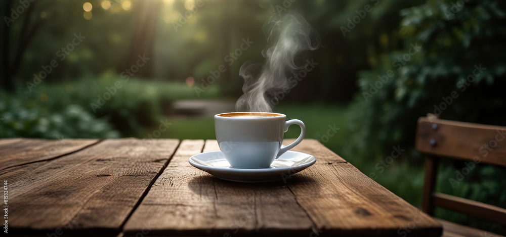 Cup of tea or coffee on a wooden table, Steeming Morning coffee with wooden table Cup of tea or coffee on a wooden table, Steeming Morning coffee with wooden table