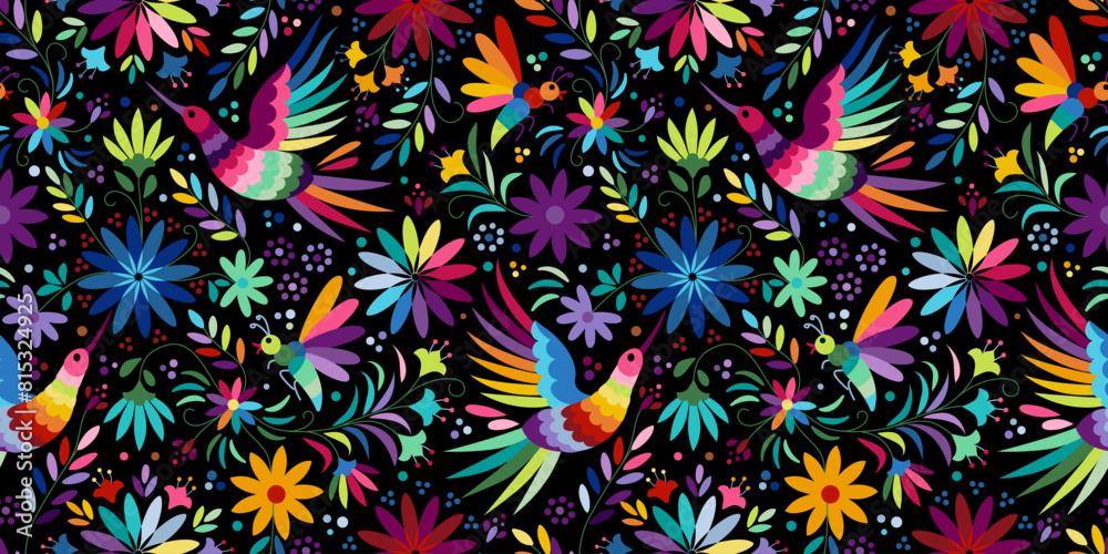 Ornate ethnic Mexican embroidery Otomi. Seamless pattern with birds and flowers on black background