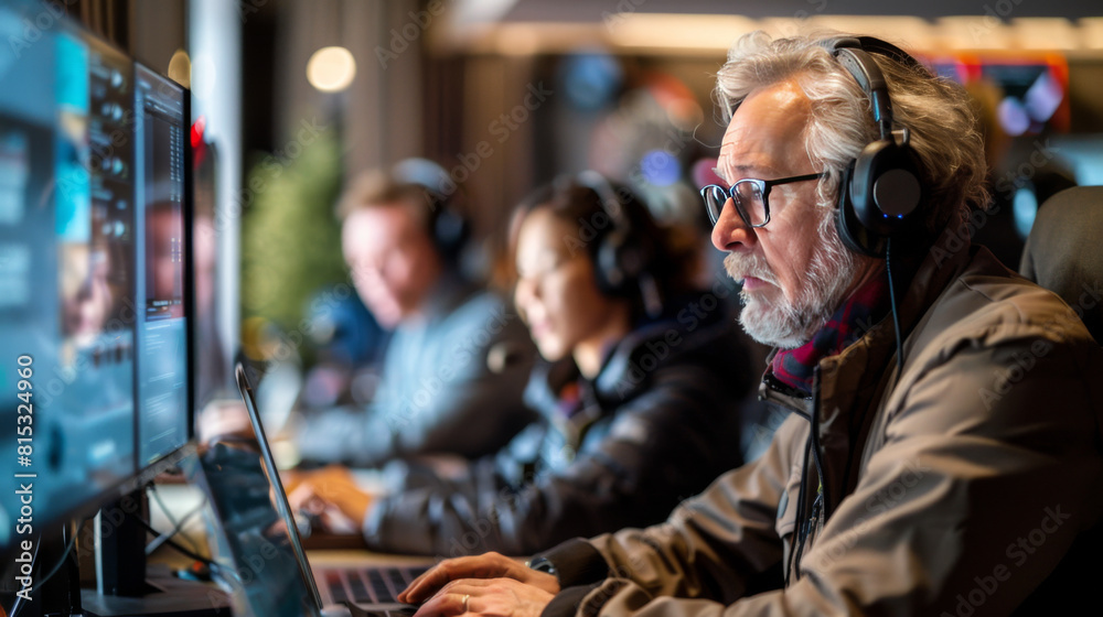Elderly man with headphones using computer in a modern office setting, focused on multimedia tasks alongside younger colleagues. Elderly man with headphones using computer in a modern office setting, focused on multimedia tasks alongside younger colleagues.
