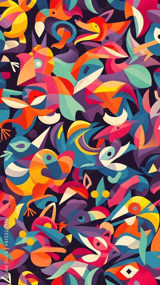 Vibrant Geometric Tessellation of Whimsical Dancing Cartoon Animals in Energetic Psychedelic Composition