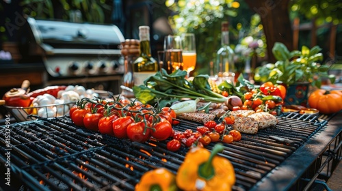 Summer Barbecue Party with Fresh Vegetables and Grilled Chicken