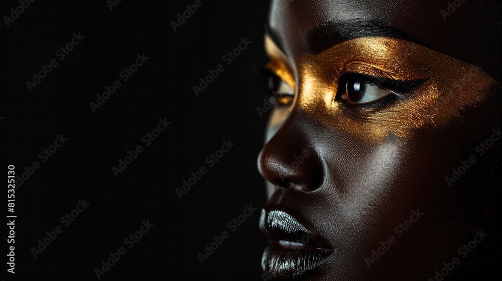 Captivating Close-Up Portrait of a Black Woman with Golden Makeup