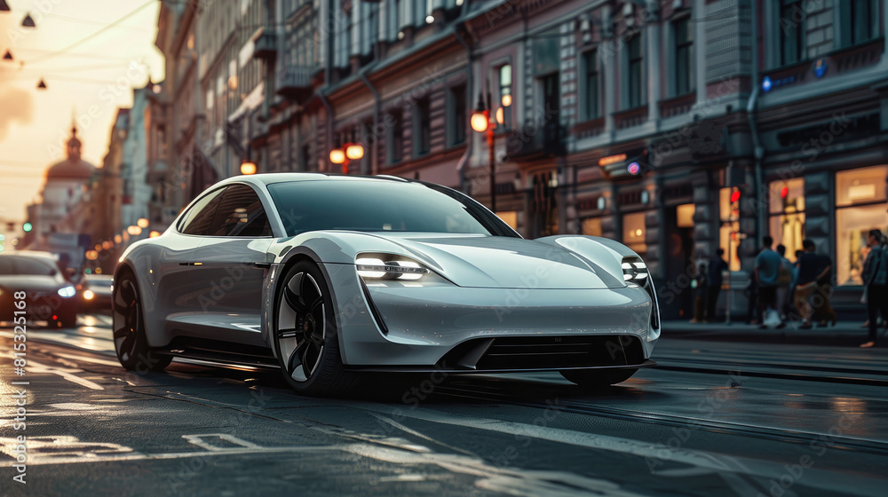 Futuristic Electric Car Cruising Through Bustling City Streets at Sunset Futuristic Electric Car Cruising Through Bustling City Streets at Sunset