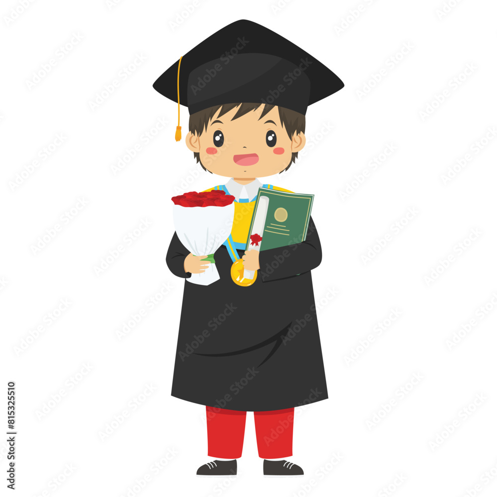 Happy Indonesia elementary student boy graduate, holding a bouquet of red roses, graduation diploma and certificate tube character vector.