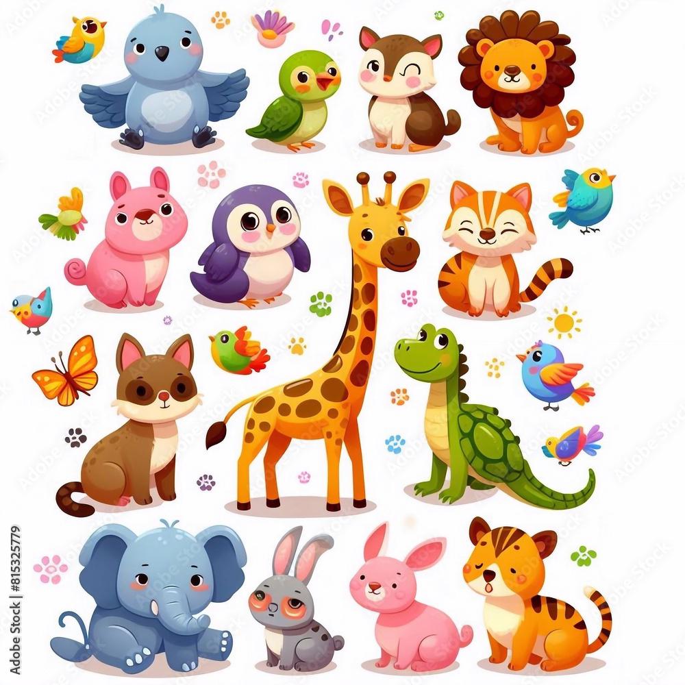 Fototapeta premium set of cartoon animals, This image features cute cartoon animals like a giraffe, elephant, lion, and more, all with bright and cheerful expressions.