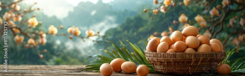 Bamboo basket filled with eggs  golden bamboo orchid placed on wooden tabletop  background is chicken farm  distant mountains  aristocratic cuisine  protein  nature  ecological green nutritional balan