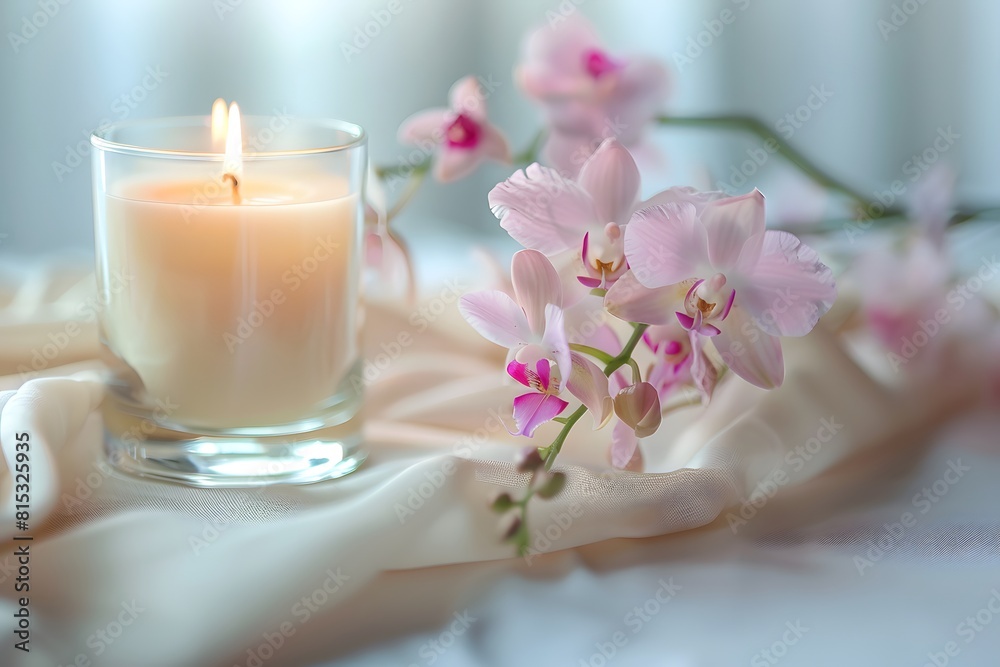 Close up of candle glass jar with burning candle and pot with pink orchid flower. Home decor and accent pieces. Interior design of modern living room. Close up of candle glass jar with burning candle and pot with pink orchid flower. Home decor and accent pieces. Interior design of modern living room.