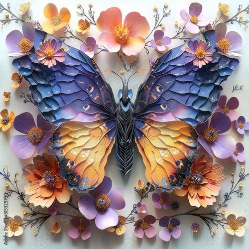 Exquisite craftsmanship: colorful butterfly and flower organic paper sculpture design, an illustration of dreamy romance, perfect for banner, capturing the beauty of nature in intricate detail.