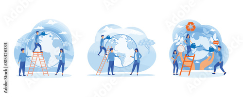Little men prepare for the day of the Earth. People of World Water Plant for Ecology Celebration Preparation in April. Environmental protection, renewable energy. Set flat vector modern illustration