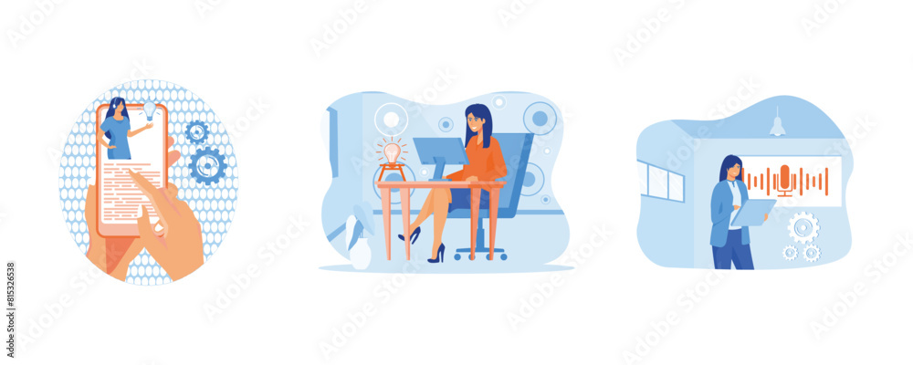 Concept customer and operator, online technical support for web page. Online assistant at work. Personal online assistant. Set flat vector modern illustration Concept customer and operator, online technical support for web page. Online assistant at work. Personal online assistant. Set flat vector modern illustration