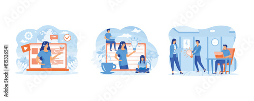 Online global technical support. Concept customer and operator, online technical support for web page. Online assistant at work. Set flat vector modern illustration