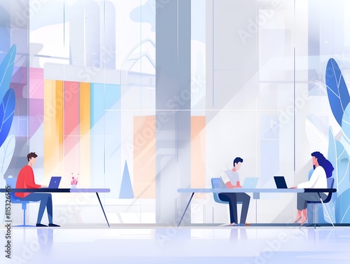 Illustration of three people working on computer in modern office, flat design background