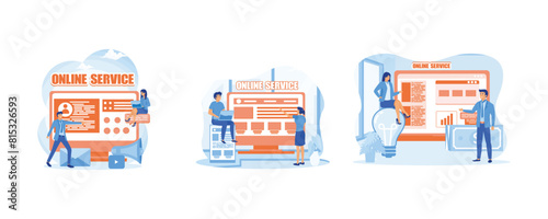 Interaction with a customer online service or platform. Responsive web design online service or platform. Employee loyalty online service or platform. Set flat vector modern illustration